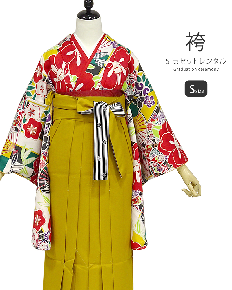 卒業式 袴 格子模様に椿 桜 梅 Sサイズ からし袴 レンタルショップkimono Yuubi