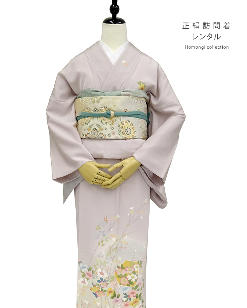 訪問着 正絹 ピンクベージュ地に色とりどりの花輪模様