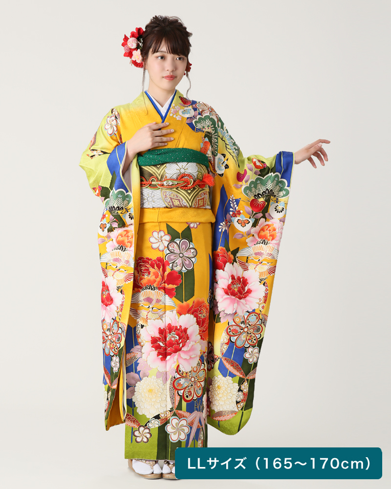 振袖レンタルショップkimono Yuubi 矢絣に牡丹 山吹と黄緑の染分けに個性的な牡丹 菊と鶴で縁起よく